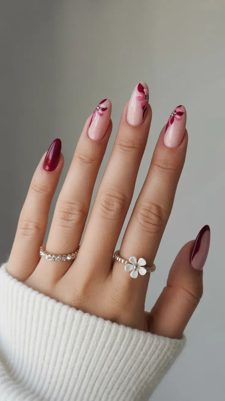 gorgeous spring wedding nails 2026 Deep Rose Accent Nails for a Romantic Evening Wedding