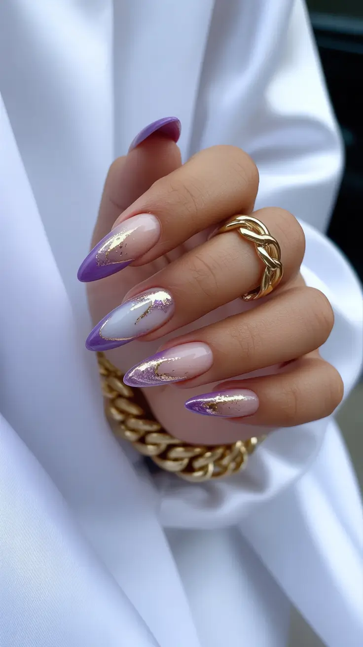 gorgeous spring wedding nails 2026 Lavender and Gold Glam Nails for a Statement Bridesmaid Look