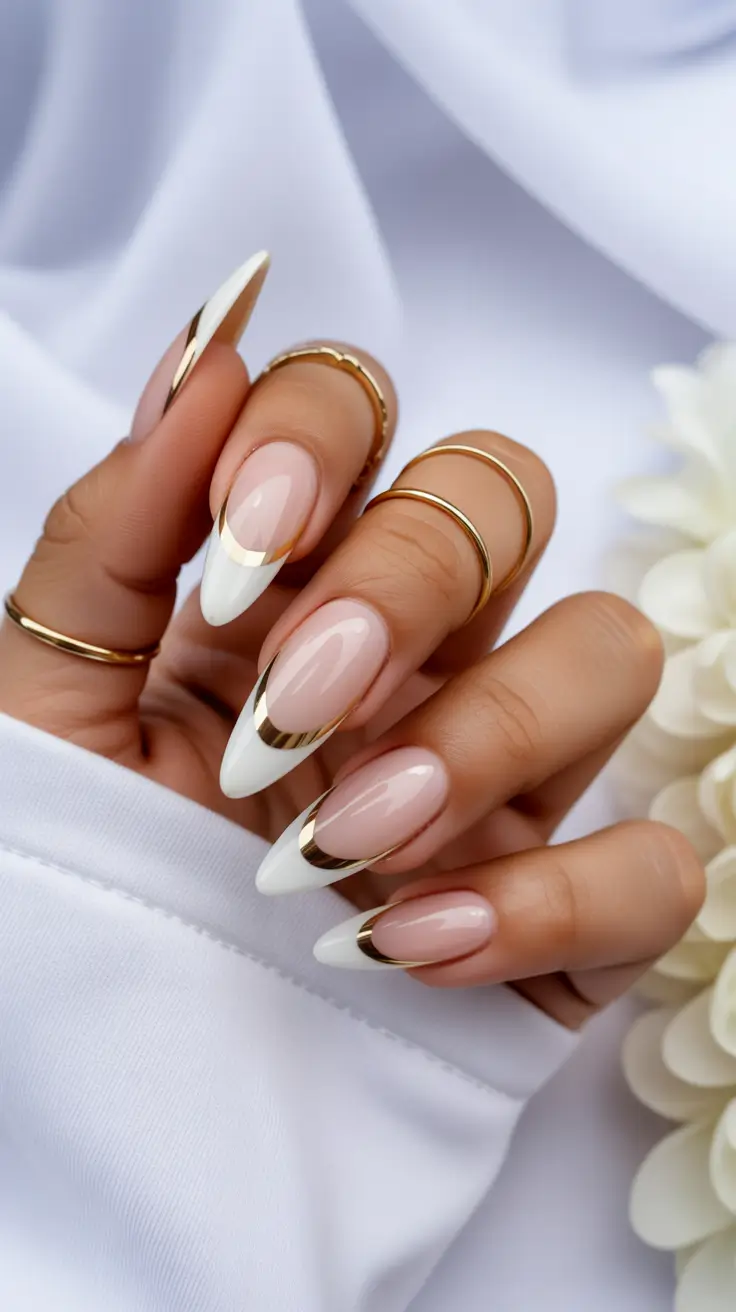 gorgeous spring wedding nails 2026 Gold Ribbon French Tips for a Modern Bridal Look