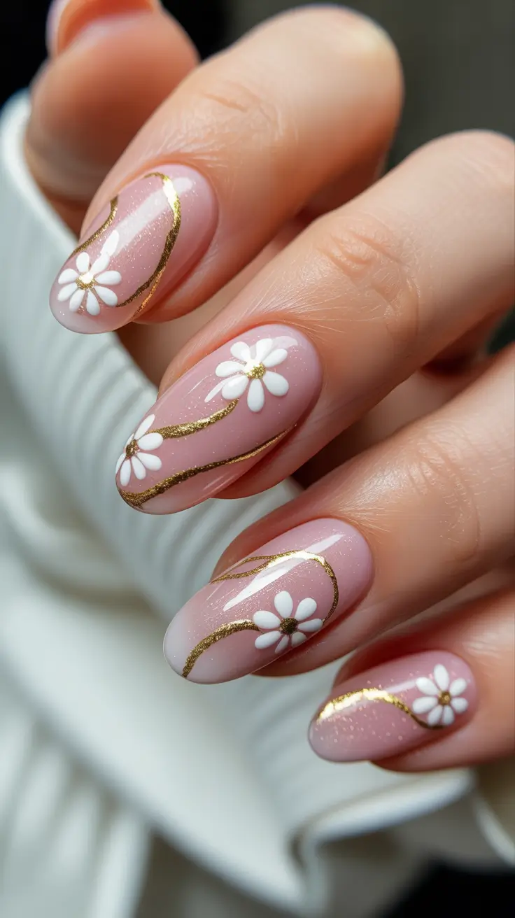 gorgeous spring wedding nails 2026 Soft Pink Daisy Nails with Golden Wedding Accents