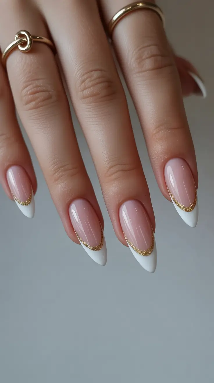 gorgeous spring wedding nails 2026 Classic White French with Golden Bridal Detail