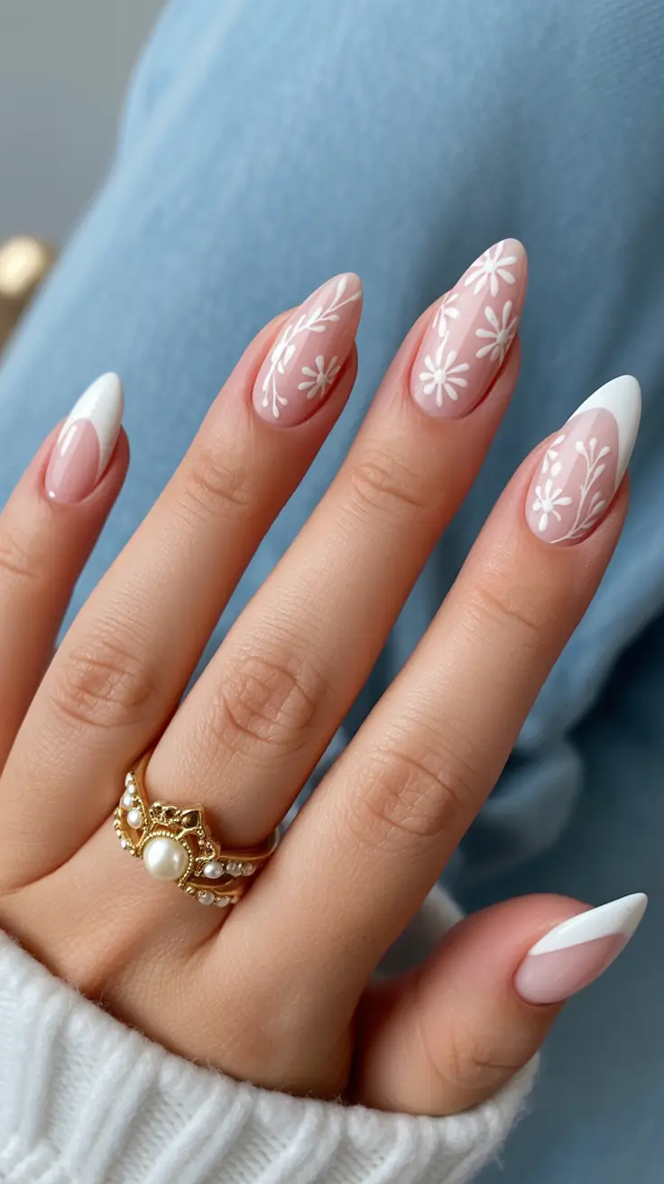 gorgeous spring wedding nails 2026 Delicate Lace Floral French for a Romantic Spring Bride