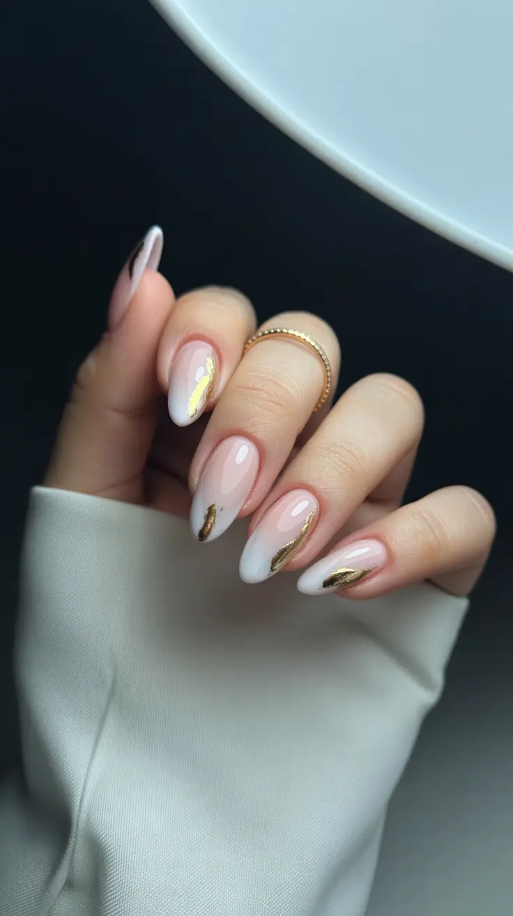 gorgeous spring wedding nails 2026 Modern Bridal Ombre with Gold Foil Accents