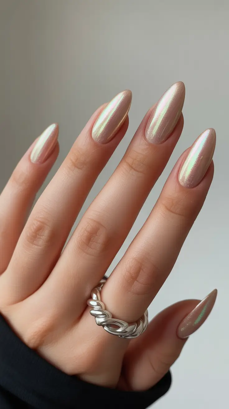 gorgeous spring wedding nails 2026 Champagne Chrome Nails for a Modern Wedding Glow