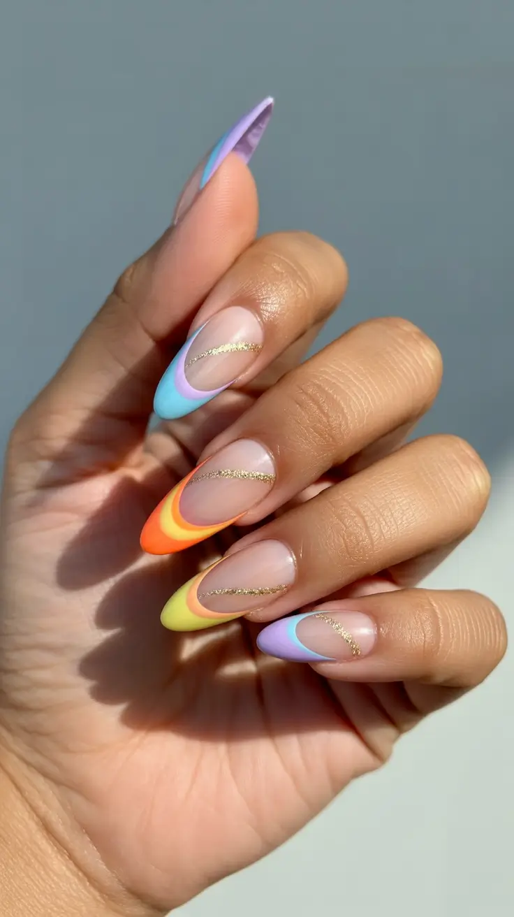 gorgeous spring wedding nails 2026 Pastel Swirl French Tips with Golden Bridal Detail