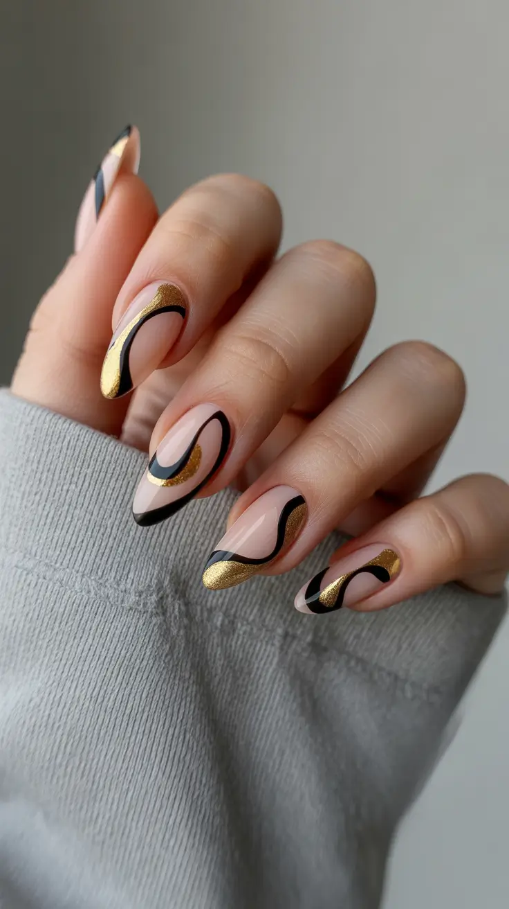 gorgeous spring wedding nails 2026 Black and Gold Sculptural Nails for a Chic Evening Wedding