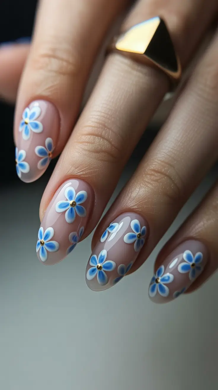 gorgeous spring wedding nails 2026 Blue Blossom Nails with Delicate Vintage Elegance