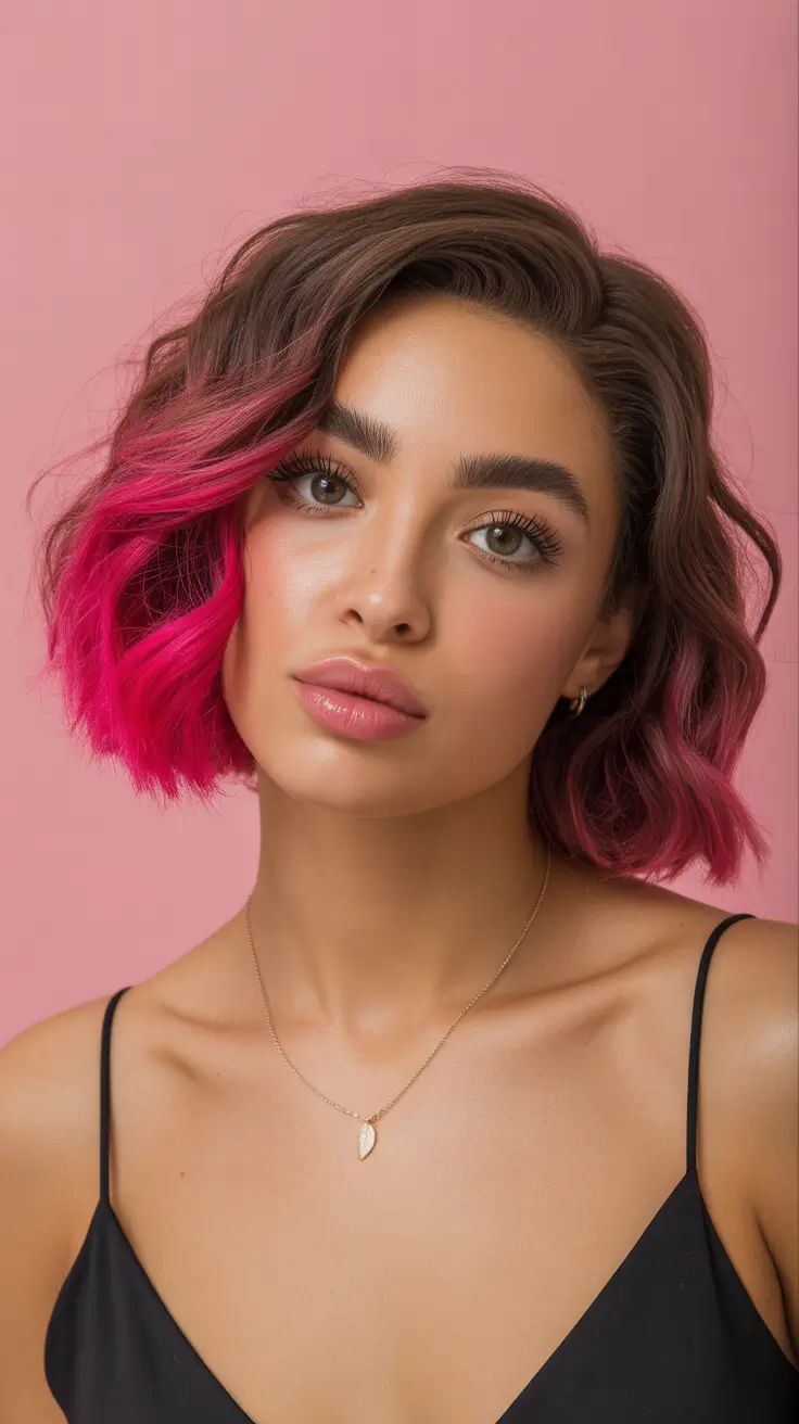 natural spring hairstyles 2026 Playful Short Bob with Bold Pink Dimension