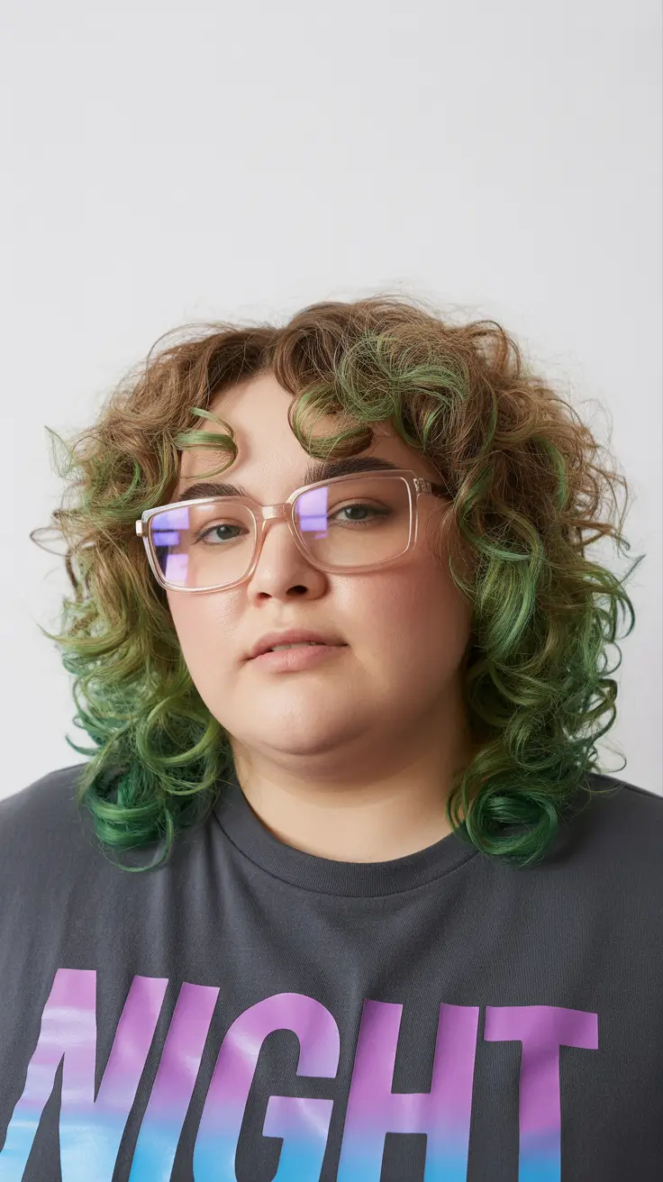 spring haircuts for plus size women Playful Curly Medium Shag With Emerald Accents