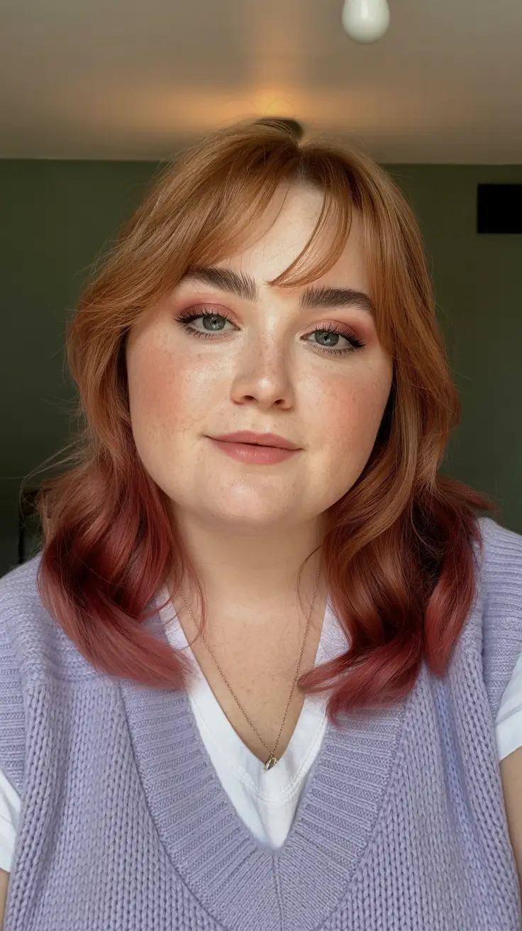 spring haircuts for plus size women Peach-Toned Lob With Soft Curtain Bangs