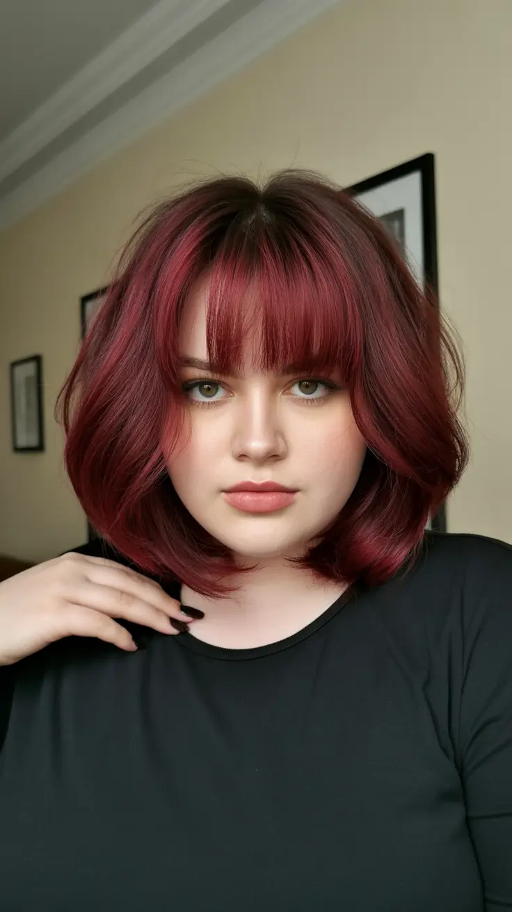 spring haircuts for plus size women Cherry Red Textured Pixie Bob With Full Fringe