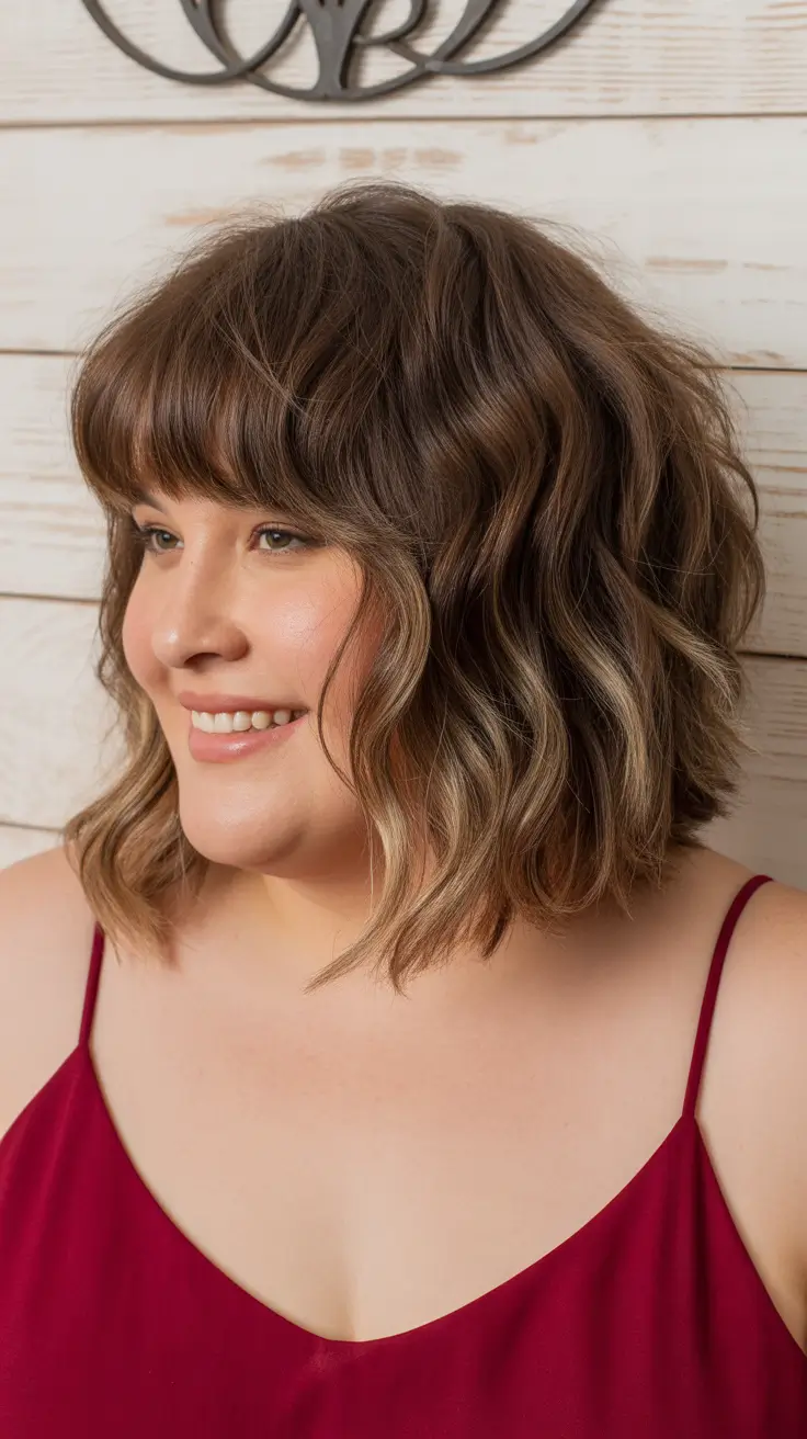 spring haircuts for plus size women Textured Wavy Lob With Dimensional Highlights