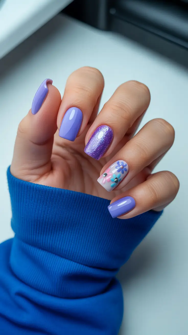pretty spring nails square 2026 pastel purple floral manicure