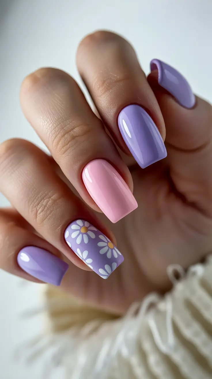 pretty spring nails square 2026 pastel purple pink floral nails