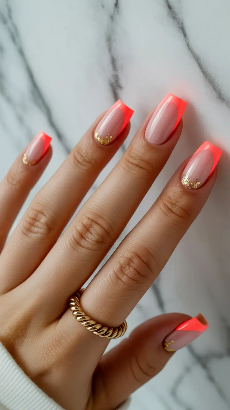 pretty spring nails square 2026 neon coral french tip nails