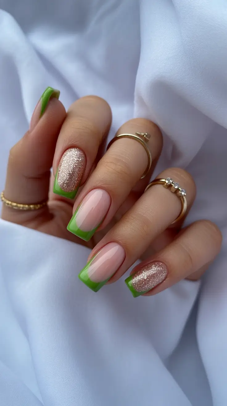 pretty spring nails square 2026 green french tip glitter nails