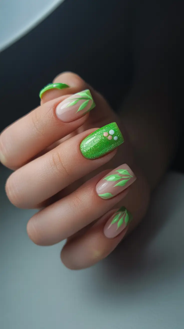 pretty spring nails square 2026 green botanical floral nail art