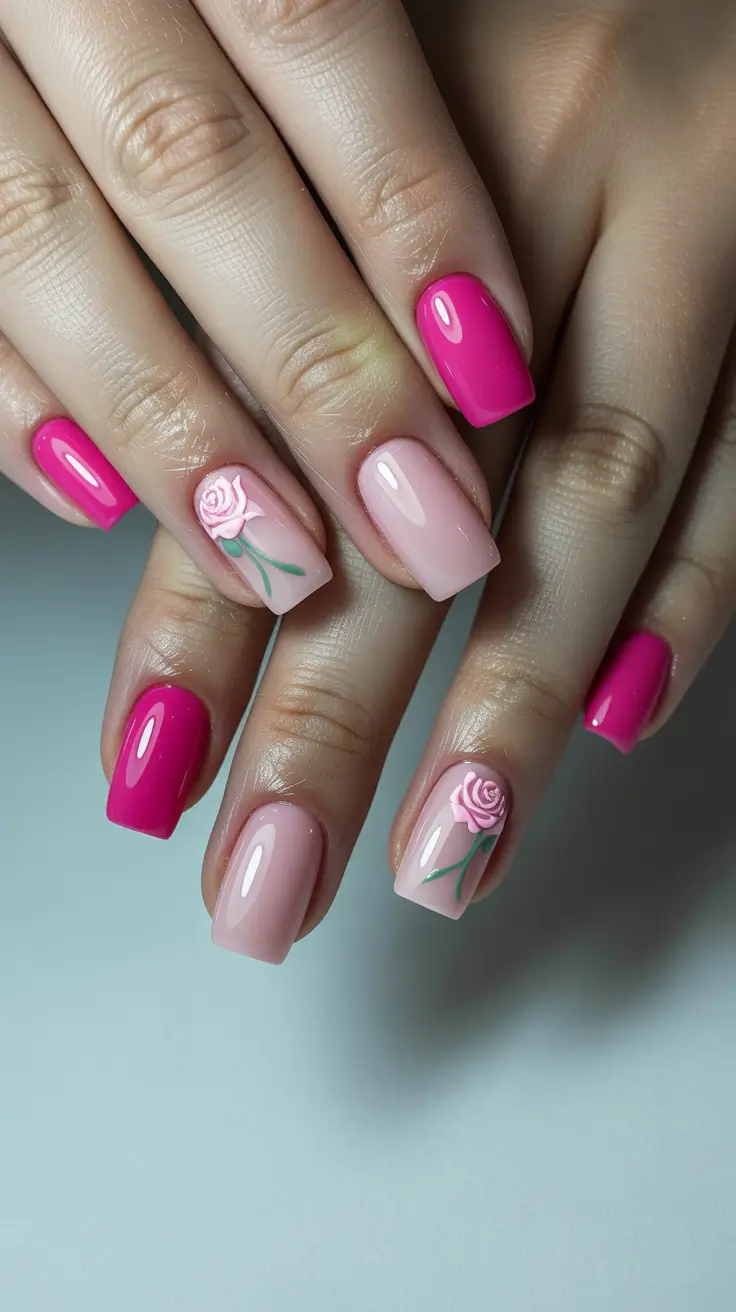 pretty spring nails square 2026 pink floral manicure