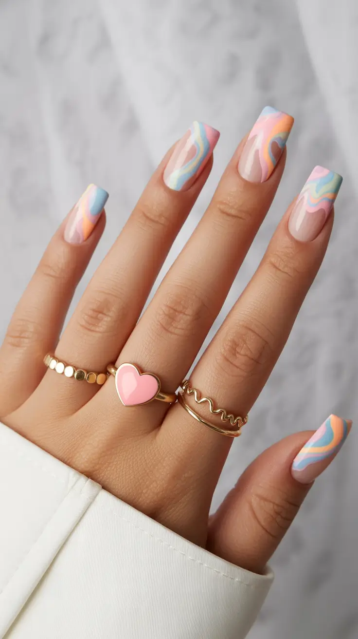 pretty spring nails square 2026 pastel marble wave nails