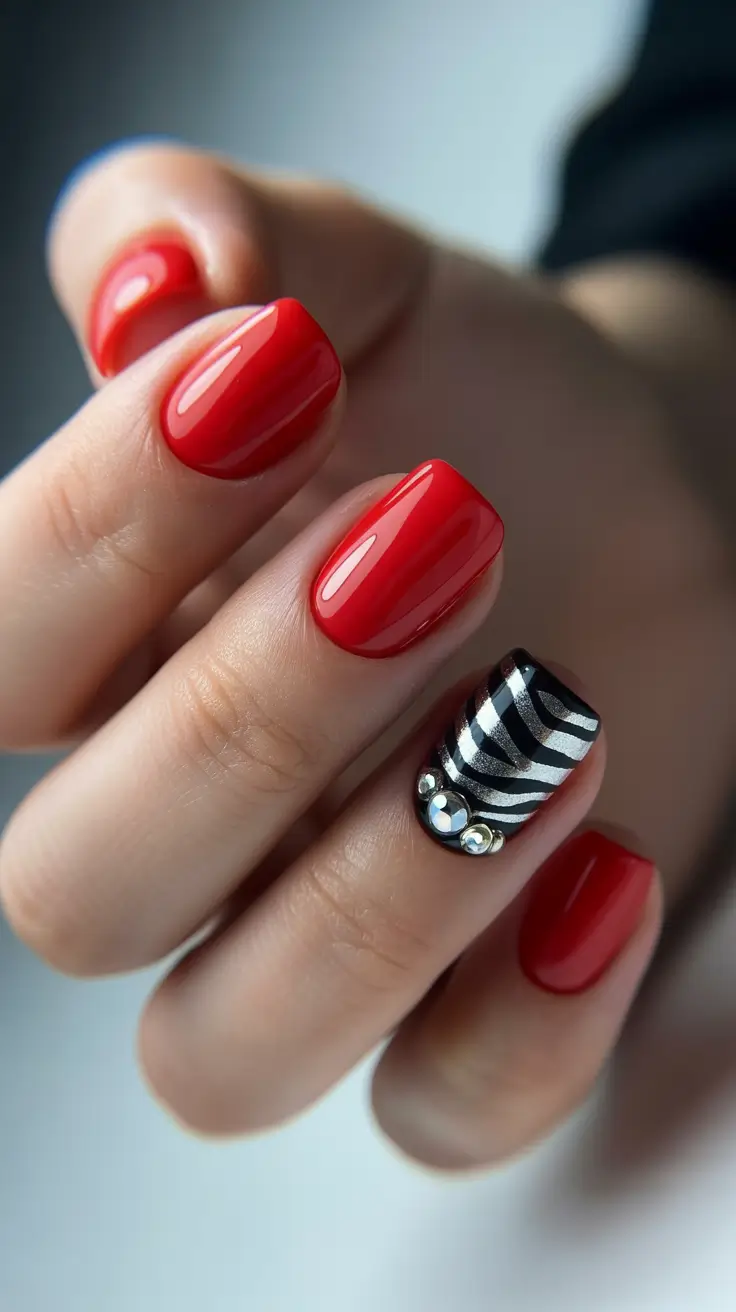pretty spring nails square 2026 red nails zebra accent