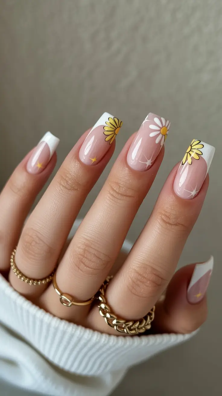 pretty spring nails square 2026 daisy french tip design