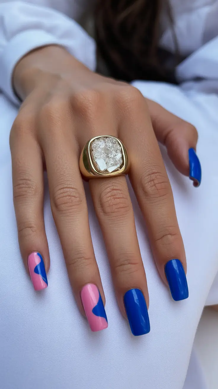 pretty spring nails square 2026 blue pink colorblock design