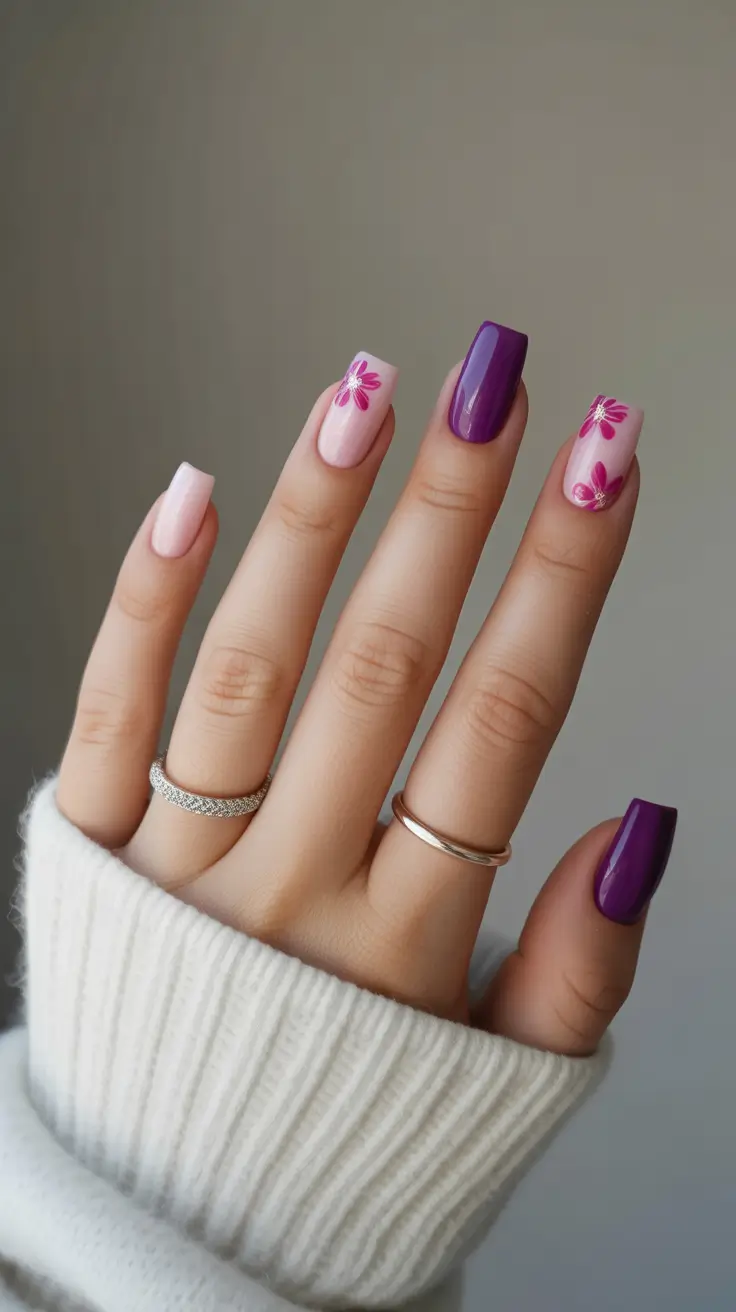 pretty spring nails square 2026 purple floral design