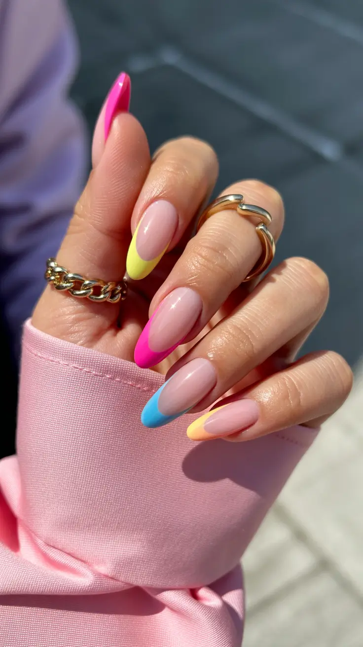 simple spring vacation nails 2026 Bright Almond French Tips for a Playful Vacation Mood