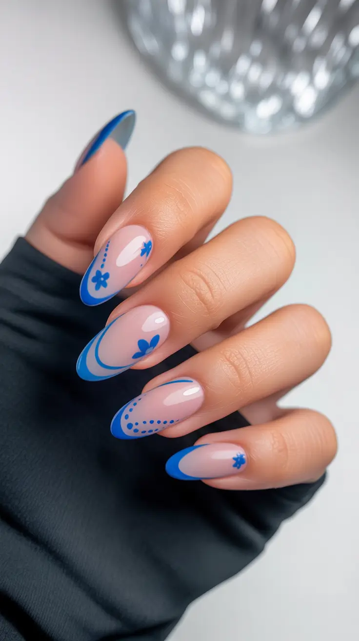 simple spring vacation nails 2026 Minimal Blue French Floral Nails