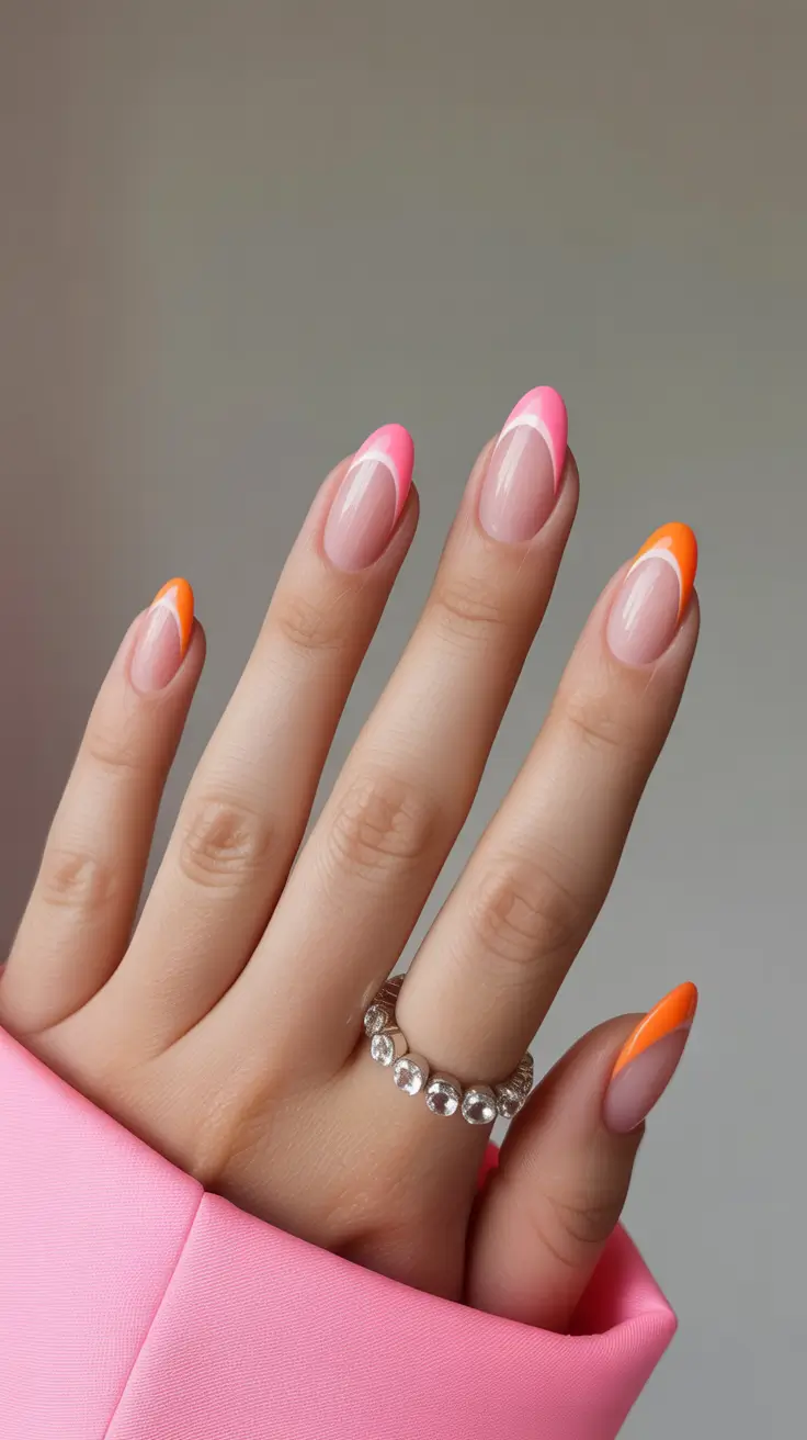 simple spring vacation nails 2026 Playful Pink and Orange French Tips for a Sunny Escape