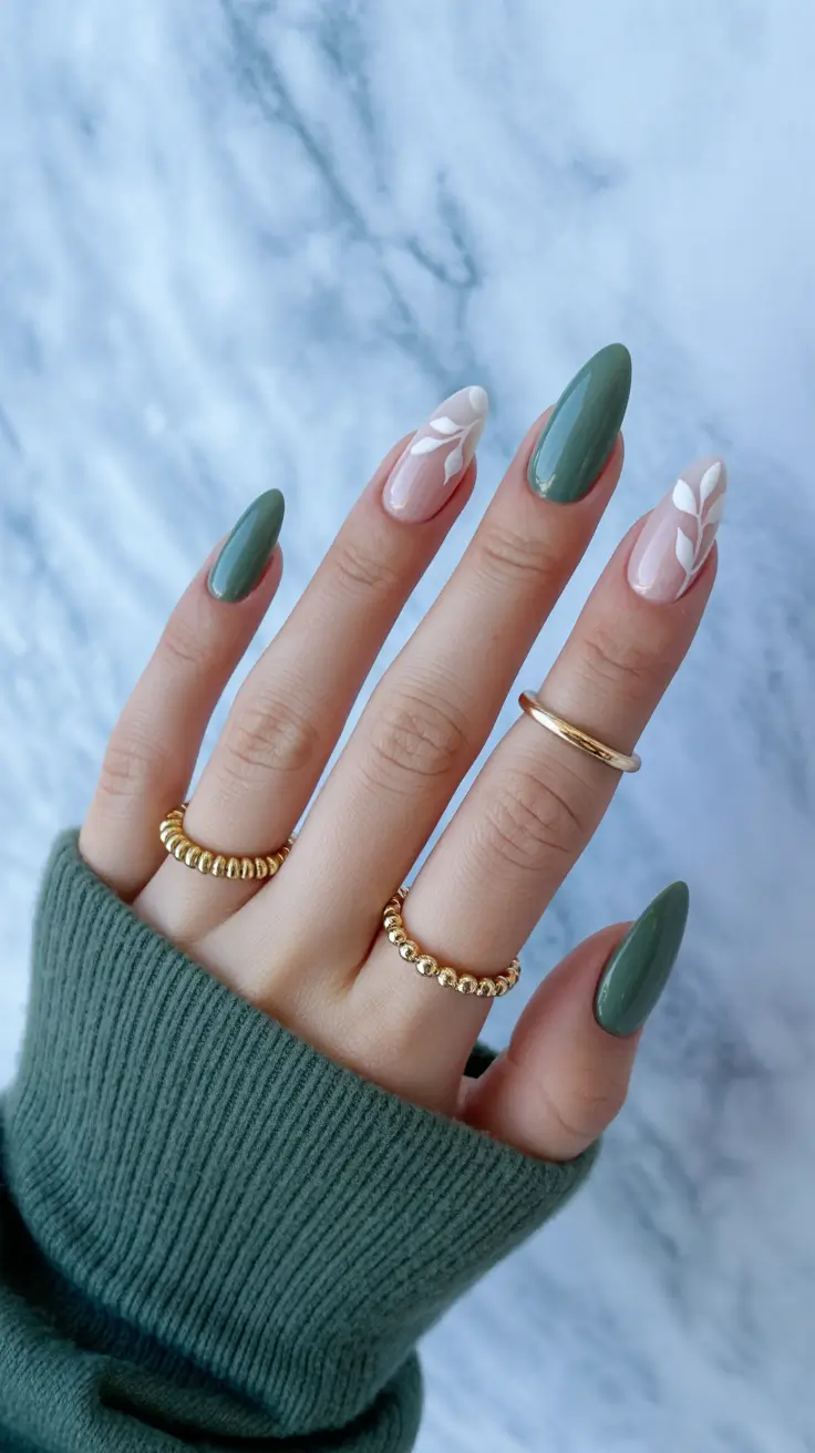 simple spring vacation nails 2026 Elegant Olive Green Botanical Almond Nails
