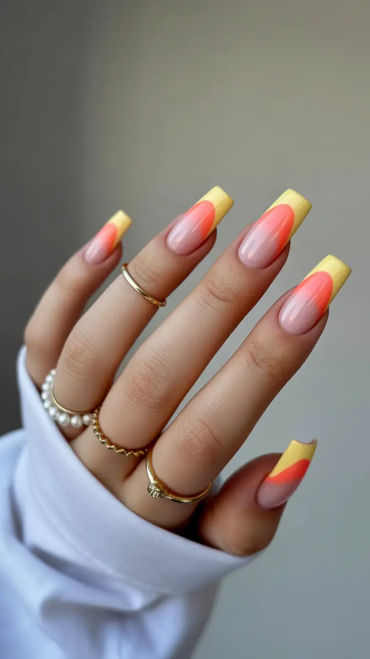 simple spring vacation nails 2026 Sunset Gradient Square Nails with Yellow Tips