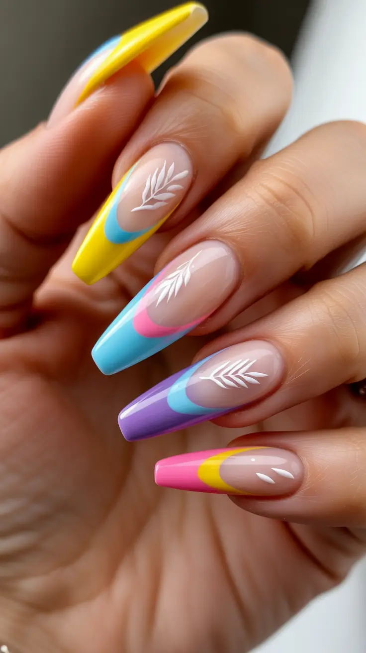 simple spring vacation nails 2026 Colorful Tropical Almond Nails with Botanical Art
