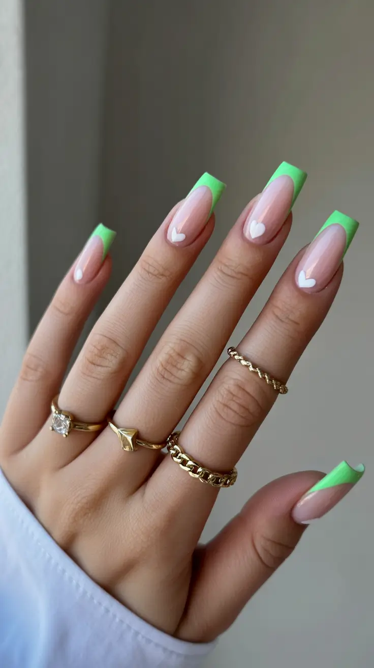 simple spring vacation nails 2026 Fresh Green Square French Nails with Cute Hearts