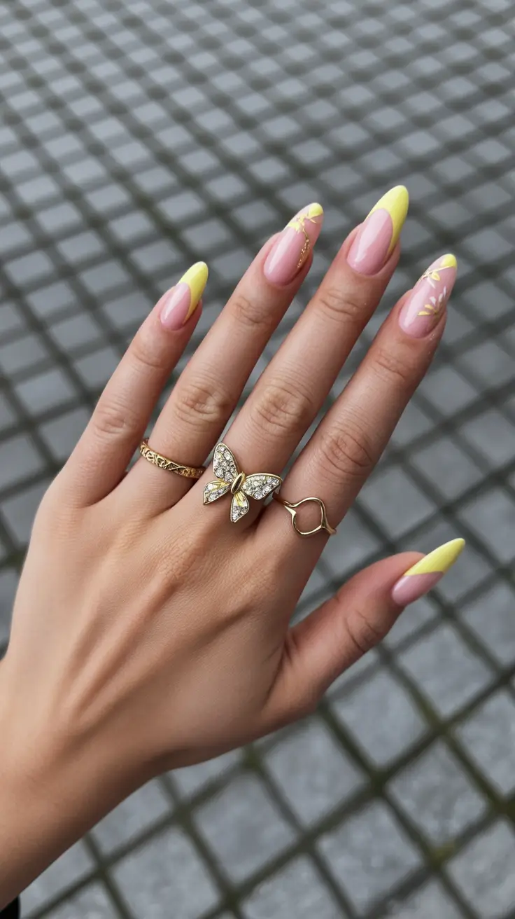 simple spring vacation nails 2026 Sunny Yellow French Almond Nails with Delicate Gold Details