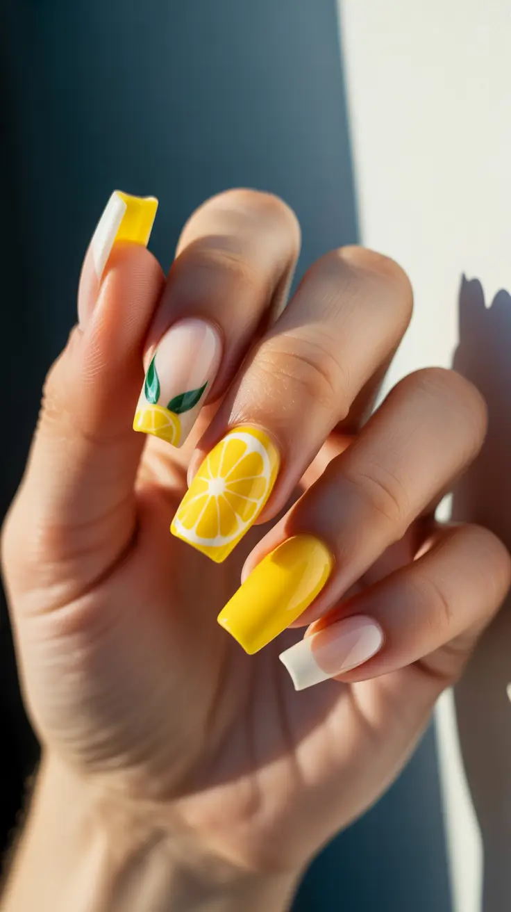 simple spring vacation nails 2026 Lemon Inspired Square Nail Art for Beach Vacations