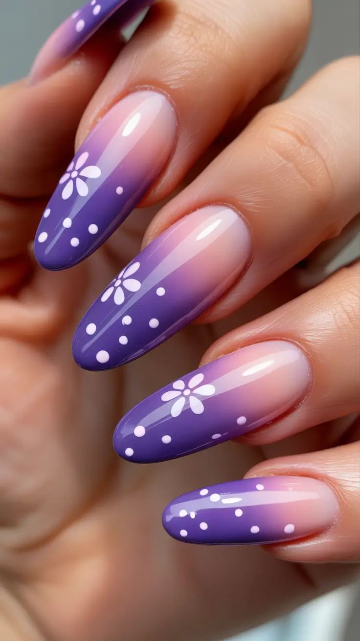 simple spring vacation nails 2026 Lavender Ombre Almond Nails with Cute White Flowers
