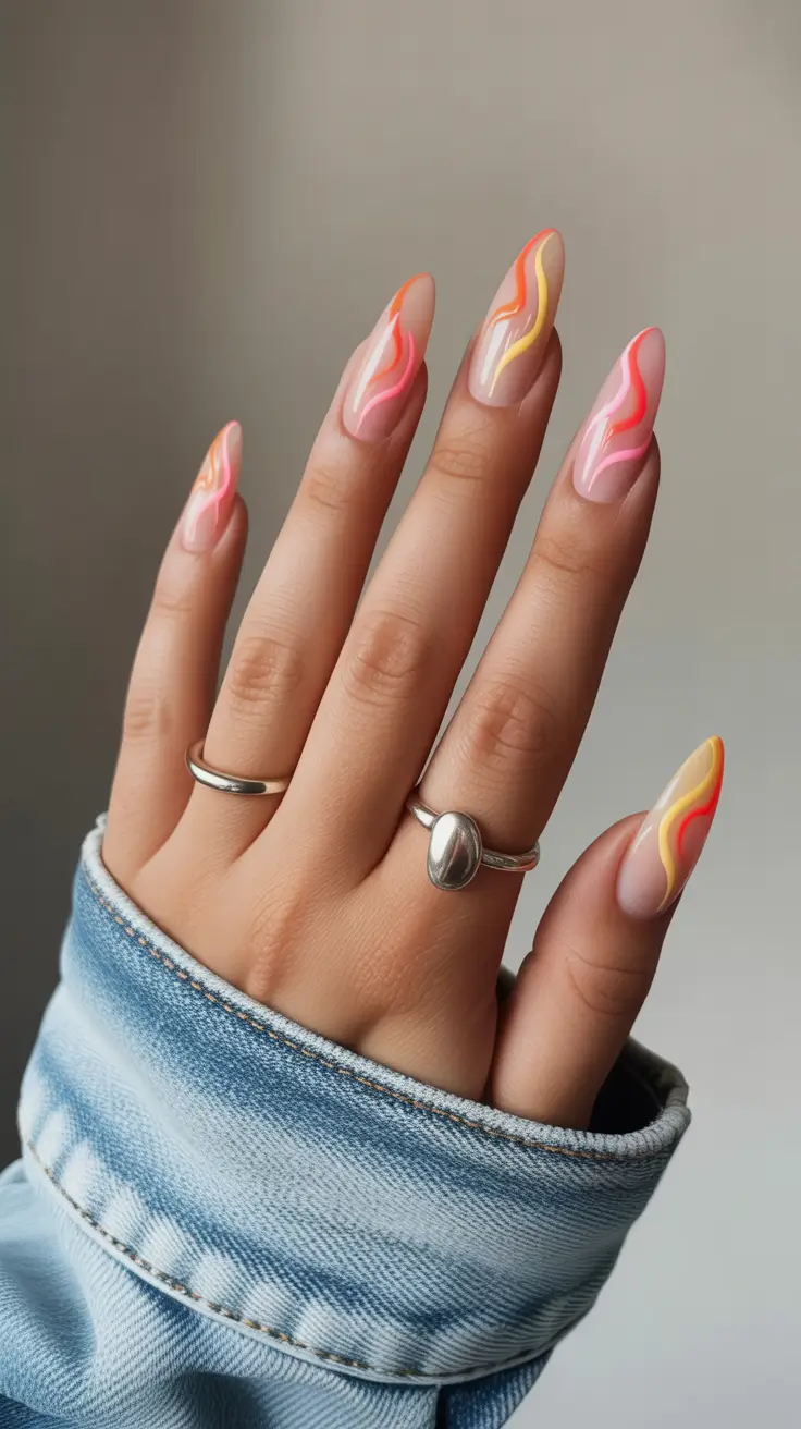 simple spring vacation nails 2026 Bright Abstract Wave Almond Nails