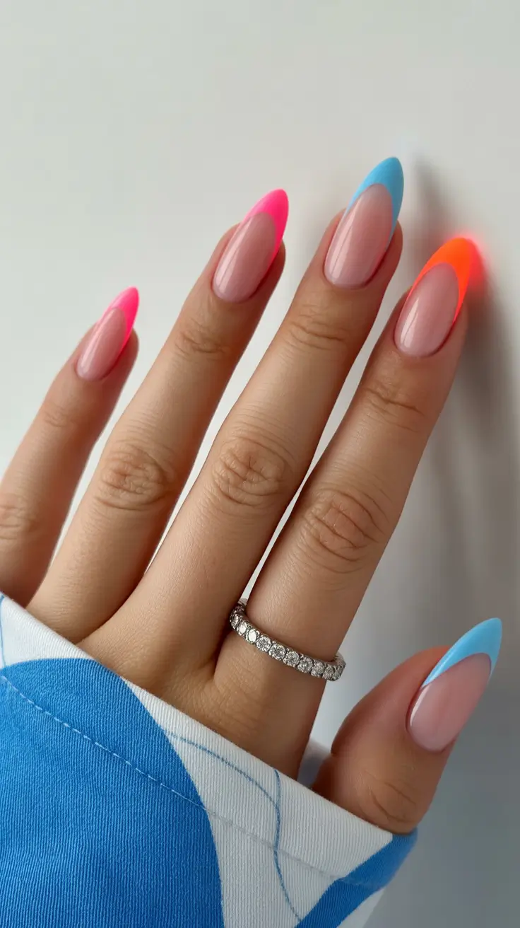 simple spring vacation nails 2026 Neon French Almond Nails with Bright Vacation Colors