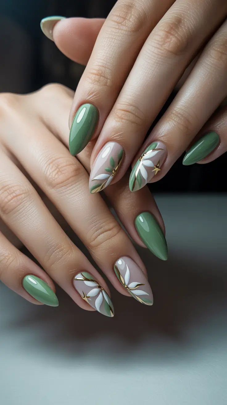 simple spring vacation nails 2026 Soft Green Botanical Almond Nails