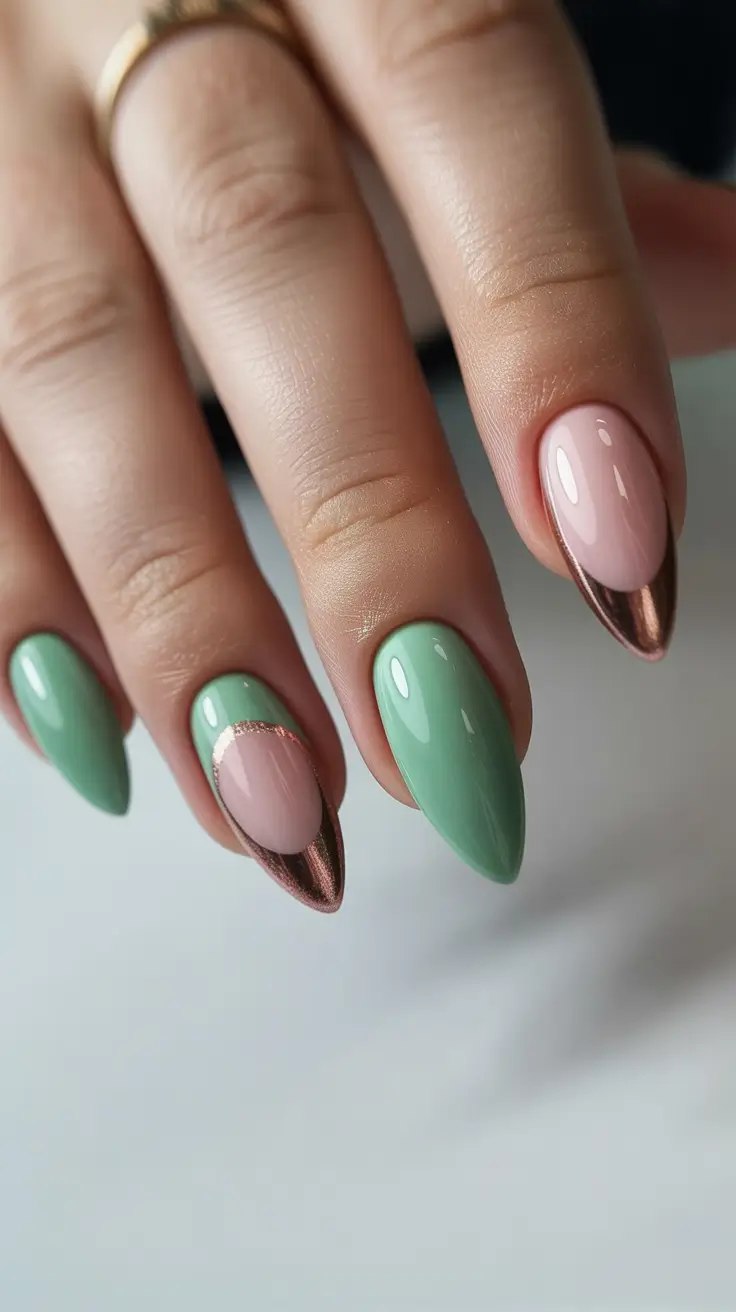 simple spring vacation nails 2026 Sage Green and Rose Chrome Almond Nails