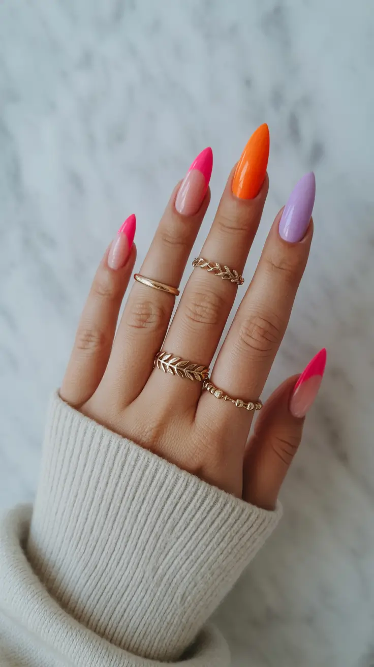 simple spring vacation nails 2026 Bright Color Block Almond Nails for a Fun Spring Escape