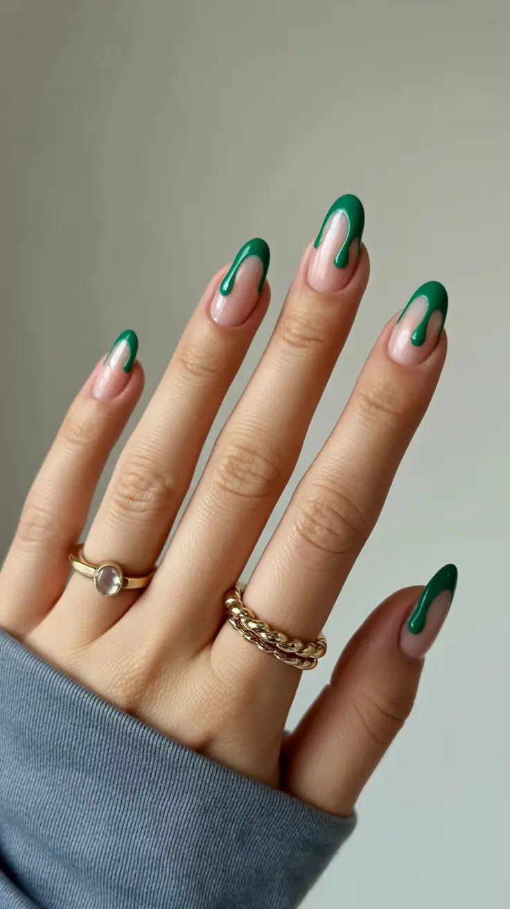simple spring vacation nails 2026 Modern Green Drip Tips on Almond Nails