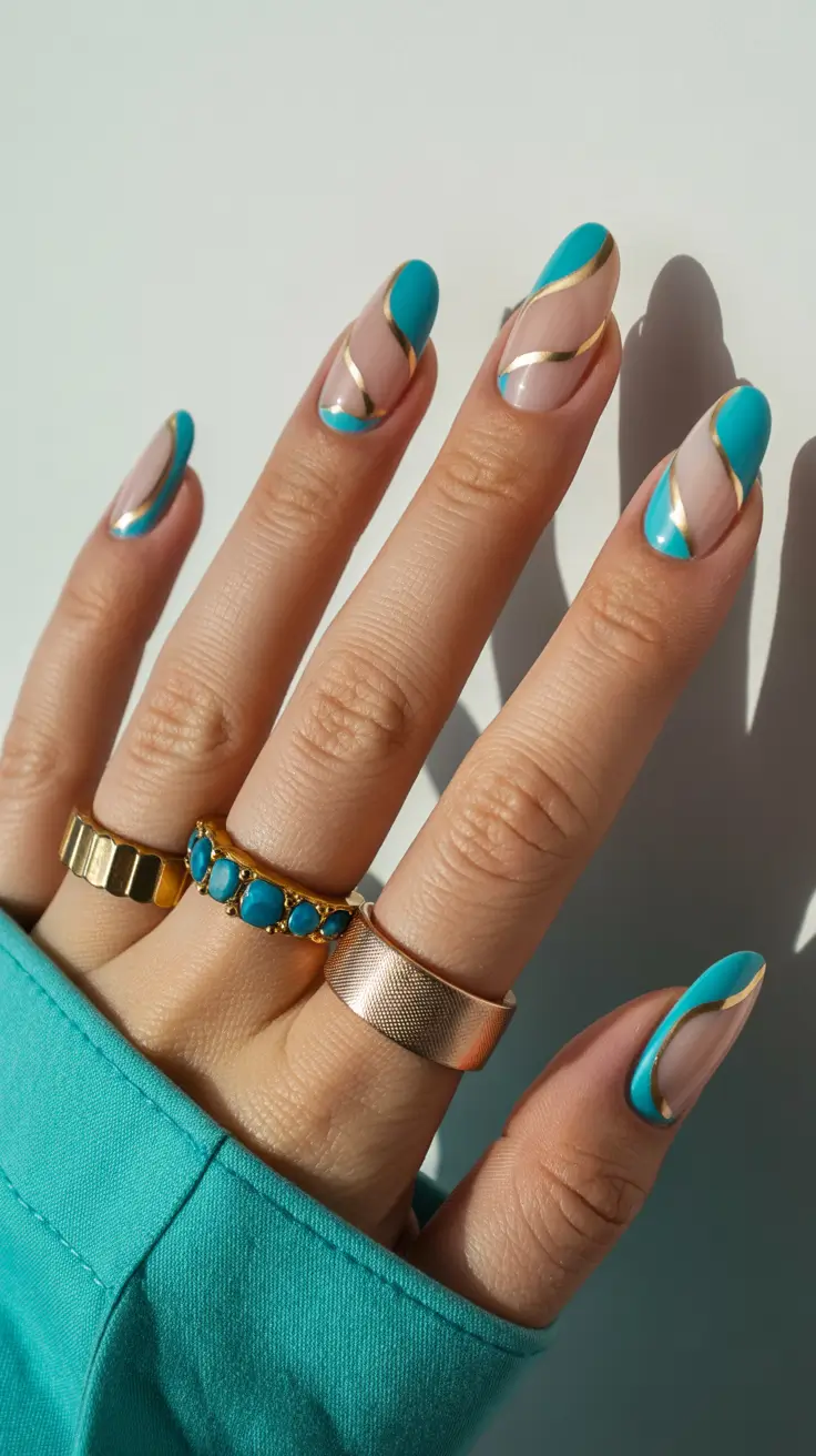 simple spring vacation nails 2026 Turquoise Waves with Gold Accents
