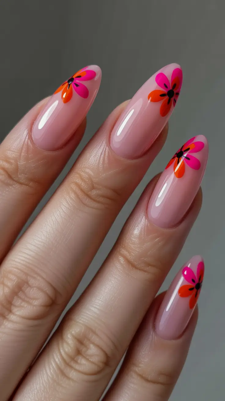 simple spring vacation nails 2026 Pink and Red Floral Almond Nails