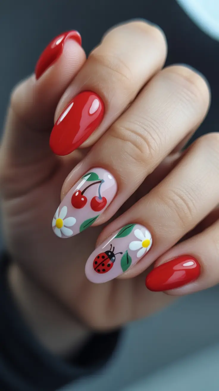 stunning spring nails acrylic 2026 Playful Cherry and Daisy Spring Acrylic Almond Nails