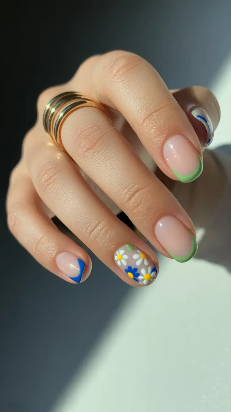stunning spring nails acrylic 2026 Fresh Green French Tips with Daisy Accent