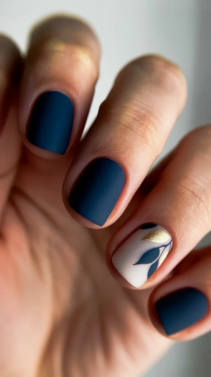 stunning spring nails acrylic 2026 Matte Navy Minimalist Short Acrylic Nails with Gold Accent