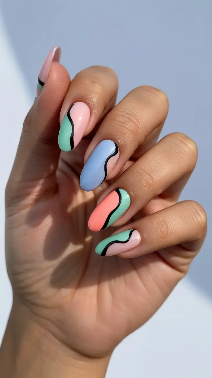 stunning spring nails acrylic 2026 Abstract Pastel Wave Almond Acrylic Nails