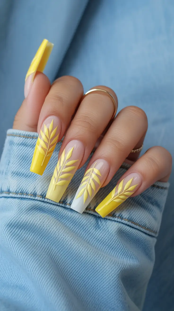stunning spring nails acrylic 2026 Coffin Long Yellow Botanical Acrylic Nails
